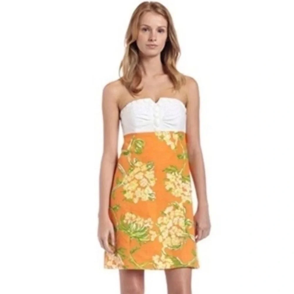 Lilly Pulitzer Orange Floral Strapless Dress Jacquard Lace by the Docks Size 0 - Picture 14 of 14